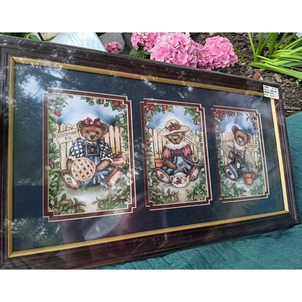 Laurie Korsgaden Blue Jean Teddy Bear Apple Garden Framed Art SEALED Cottagecore
